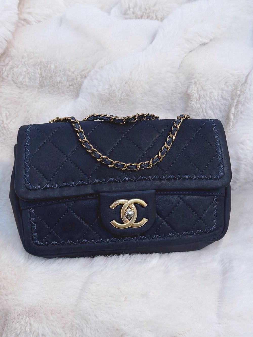Chanel Navy Blue Quilted Whipstitch Single Flap Bag